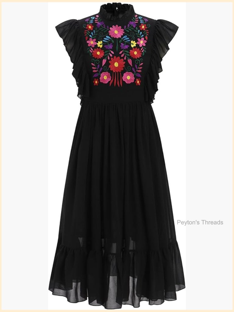 Women's Mexican Embroidered Floral Ruffle Midi Dress Traditional Fiesta Outfit